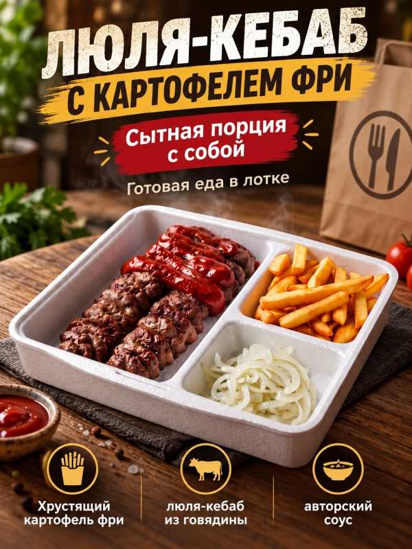 Люля -кебаб с картофелем фри и соусом.